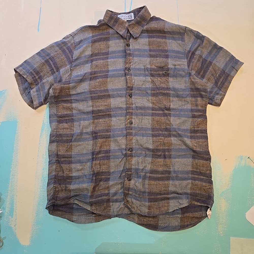 Vintage Progetto Linen Shirt 48 Blue Plaid Short Sleeve Button Up Made‎ in Italy